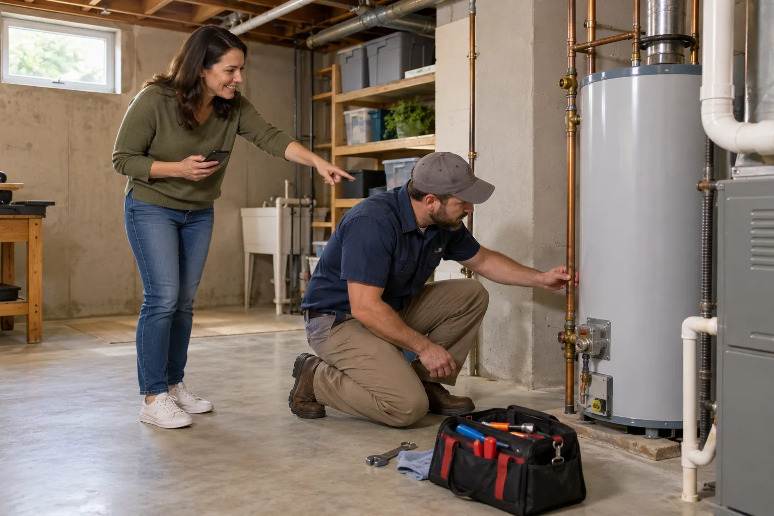 A friendly plumber speaking with a homeowner beside a water heater in a basement in Grafton