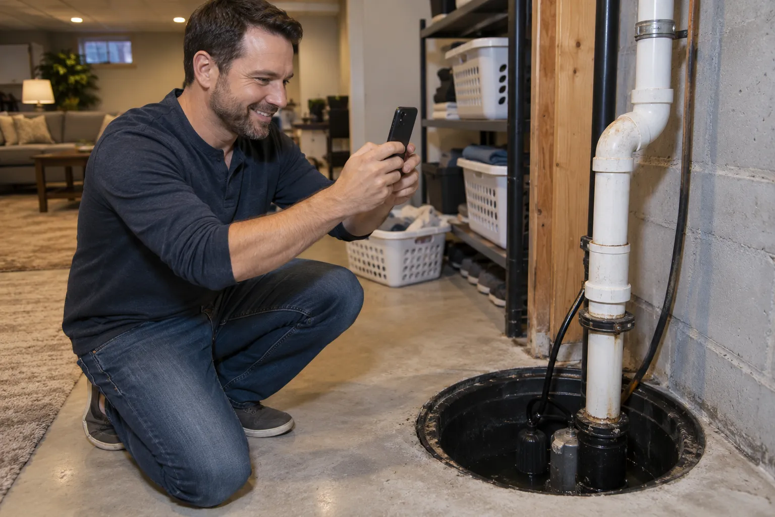 Homeowner taking photos of a basement pipe to share with a plumbing provider in the Grafton area