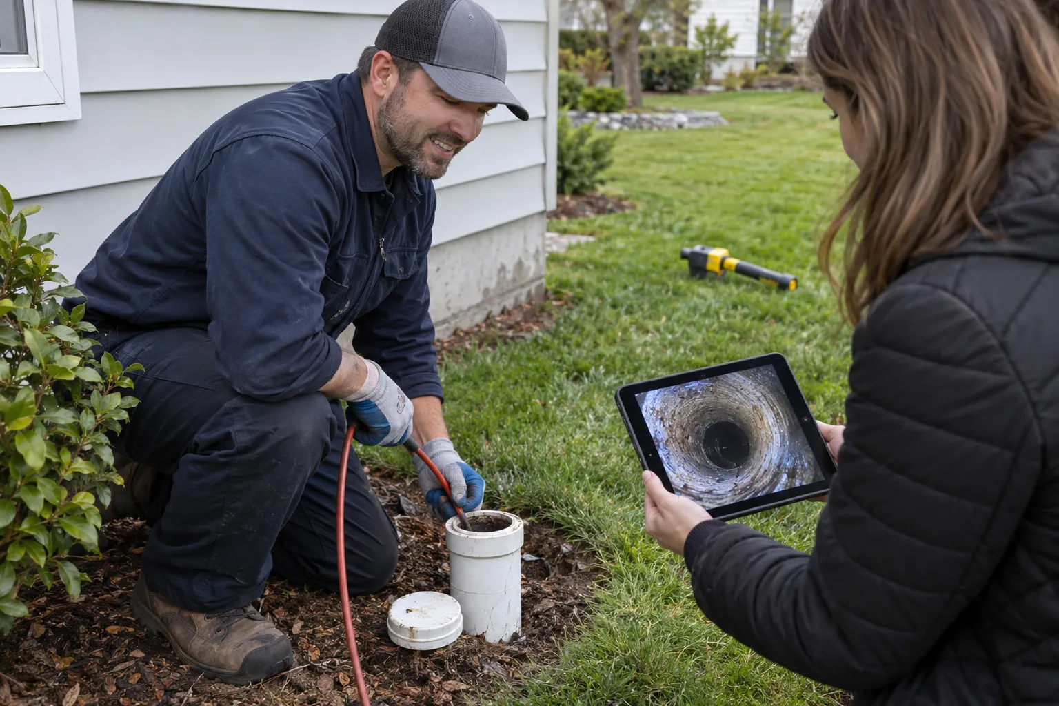 A friendly plumbing provider checking a sewer cleanout beside a home in Grafton